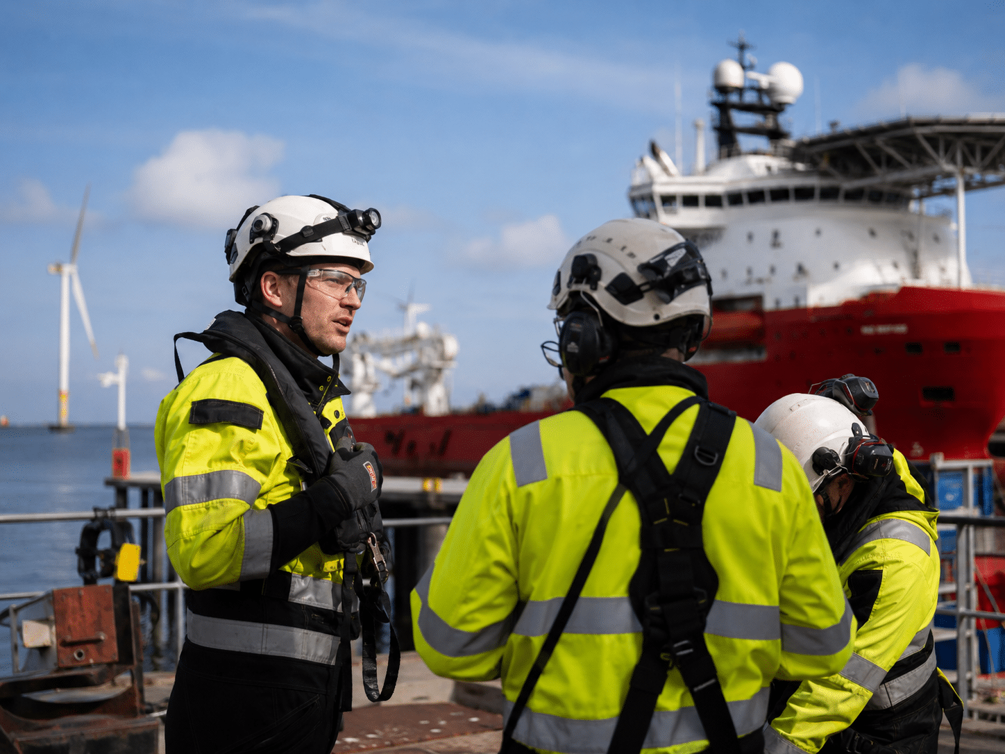 Three workers in yellow safety gear and helmets stand on a dock, talking, with a red ship and wind turbines visible in the background under a blue sky—a scene reflecting the vital role of offshore wind logistics in supporting renewable energy projects.