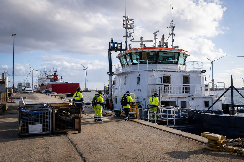 Four people in yellow safety gear walk on a dock toward a white ship, exemplifying the vital role of offshore wind logistics. Wind turbines and another red ship are visible in the background under a partly cloudy sky, highlighting the bustling activity within the offshore wind supply chain.