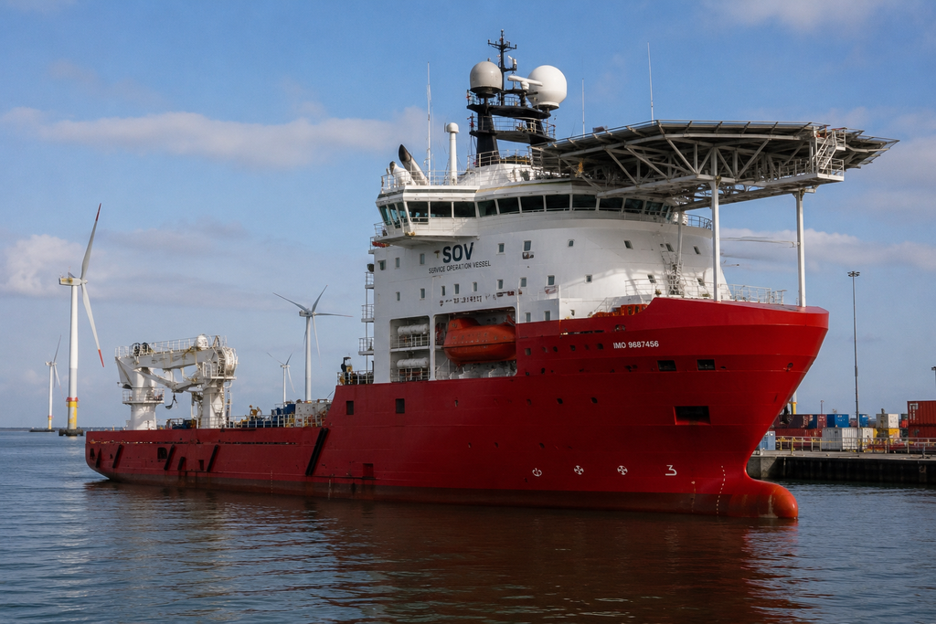 A large red service vessel with satellite dishes is docked at a port, supporting offshore wind logistics. Wind turbines are visible in the background on a clear day.