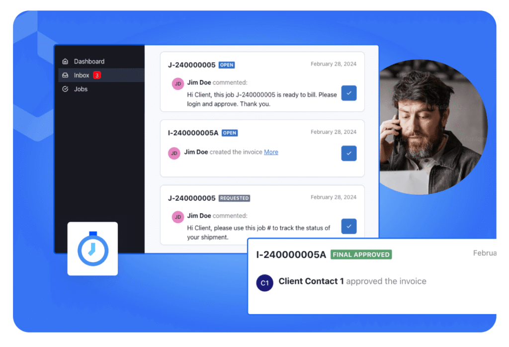 A project management dashboard for maritime software solutions shows job updates, comments from Jim Doe, status tags, and an image of a man on the phone, with icons for time and approval.