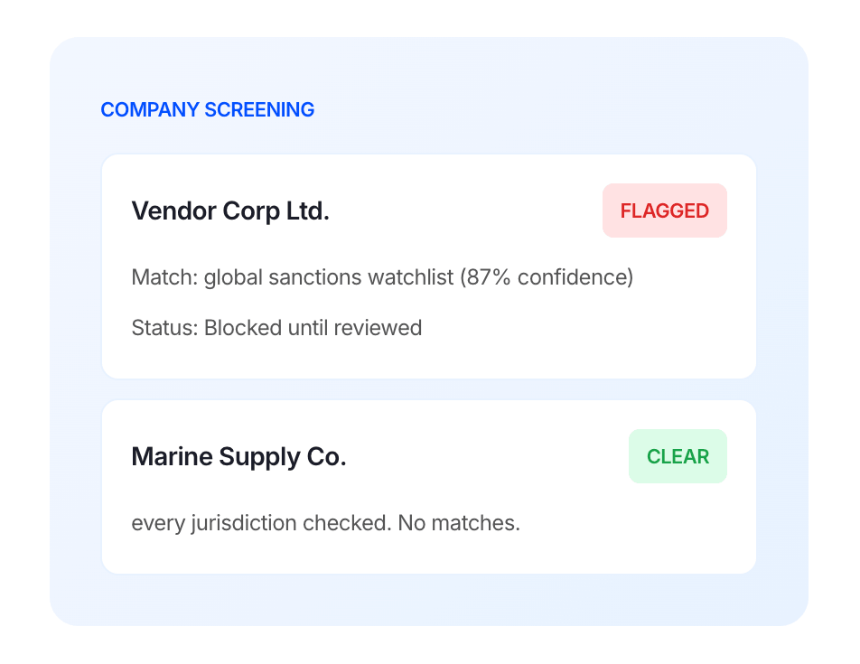 Company screening results: Vendor Corp Ltd. is flagged for a watchlist match and blocked following rigorous maritime sanctions compliance checks; Marine Supply Co. is cleared with no matches found after thorough vessel screening.