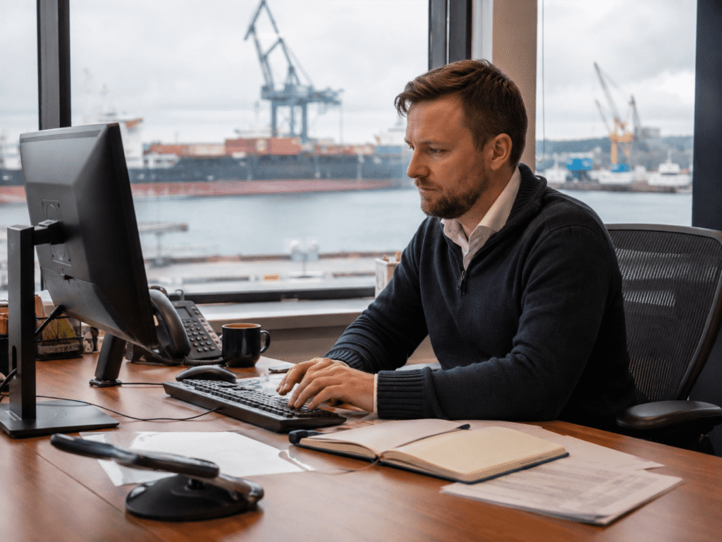 A man works at a desk with a computer, phone, notebook, and coffee cup. Large windows behind him show a harbor with cranes and a cargo ship—an ideal setting for overseeing vessel screening and ensuring maritime sanctions compliance.
