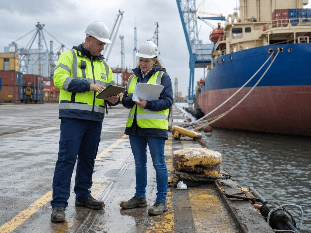 Two dock workers wearing safety gear stand by a ship in a port, reviewing documents and a tablet as part of their vessel screening process. Shipping containers and cranes are visible in the background on a cloudy day, highlighting the importance of maritime sanctions compliance in daily operations.