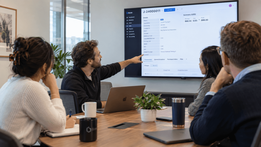 Four people sit around a conference table while one person points at a large screen displaying data and charts during a meeting in a modern office, offering a clear example of what to expect in a Base demo.