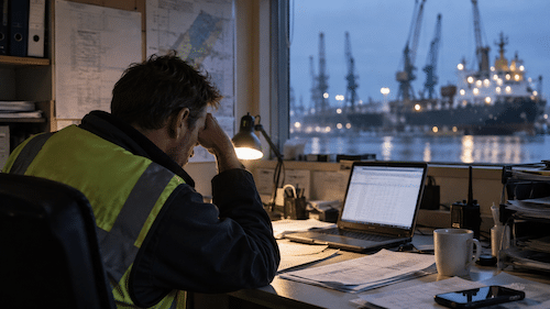 A person in a reflective vest sits at a desk cluttered with papers and a laptop, looking stressed. A window behind shows a busy port with cranes and ships in the evening light.