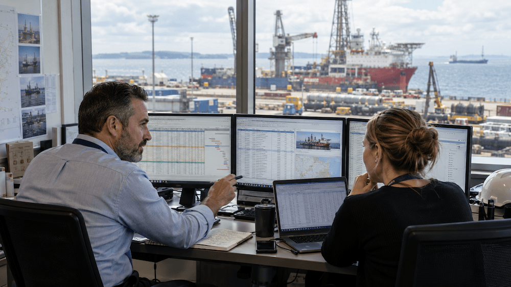 Two people sit at desks with multiple computer monitors, discussing data. Large windows show a busy port with ships, cranes, and containers in the background. The scene suggests a maritime operations or shipping office where Multi-Agent DA Reconciliation is being implemented to efficiently manage and coordinate complex shipping logistics.