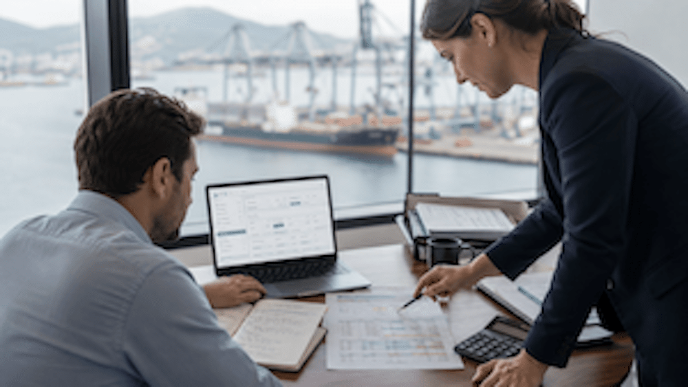 Two business professionals reviewing financial documents at a desk by a window, with a laptop open and a harbor with cranes and ships visible in the background—discussing port agency quotation details to ensure accurate budgeting for upcoming maritime operations.