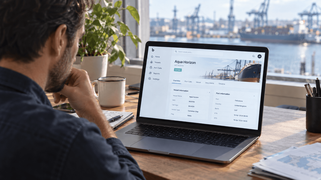 A man sits at a desk looking at a laptop showing shipping information for a vessel named “Aqua Horizon,” with a port and cranes visible through a window in the background—illustrating exactly what to expect in a Base demo, where real-time data and operational insights are seamlessly displayed.