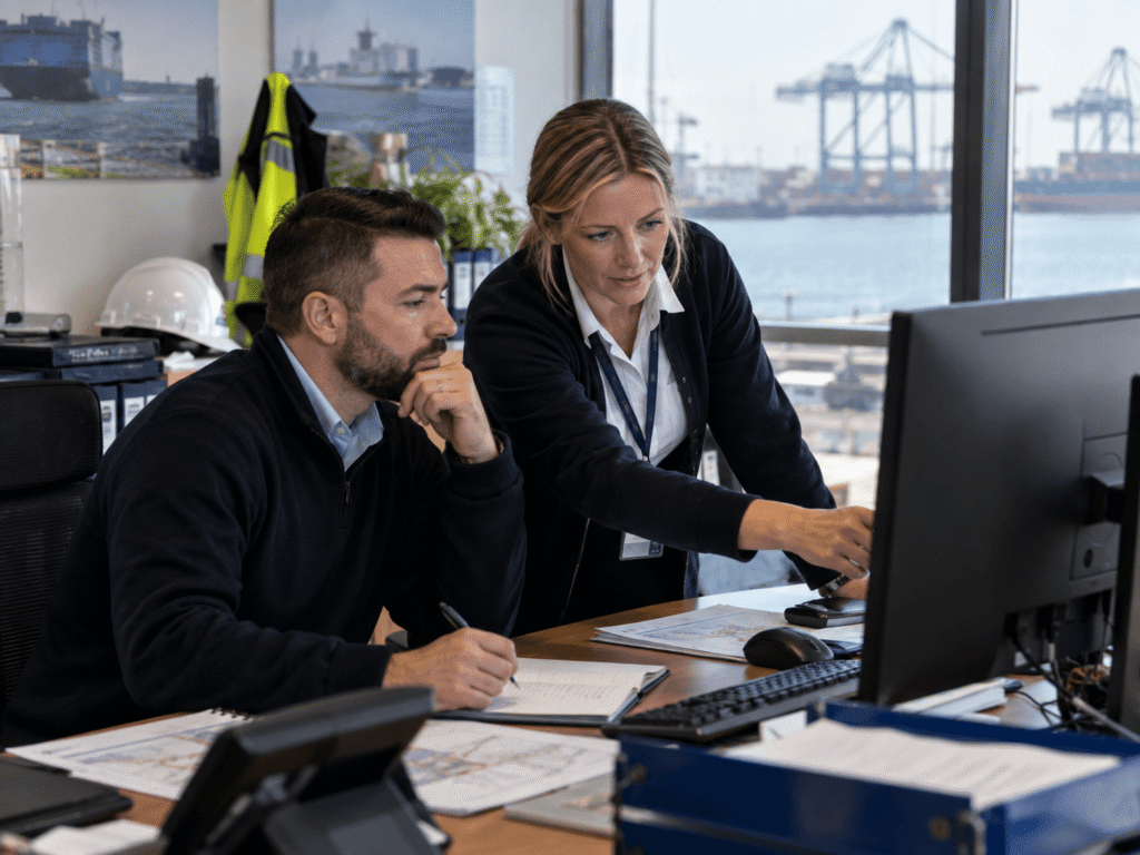 Two colleagues in an office with large windows and a port view work together at a desk, looking at a computer monitor and reviewing port agency spreadsheets. One is seated, the other stands and points at the screen.