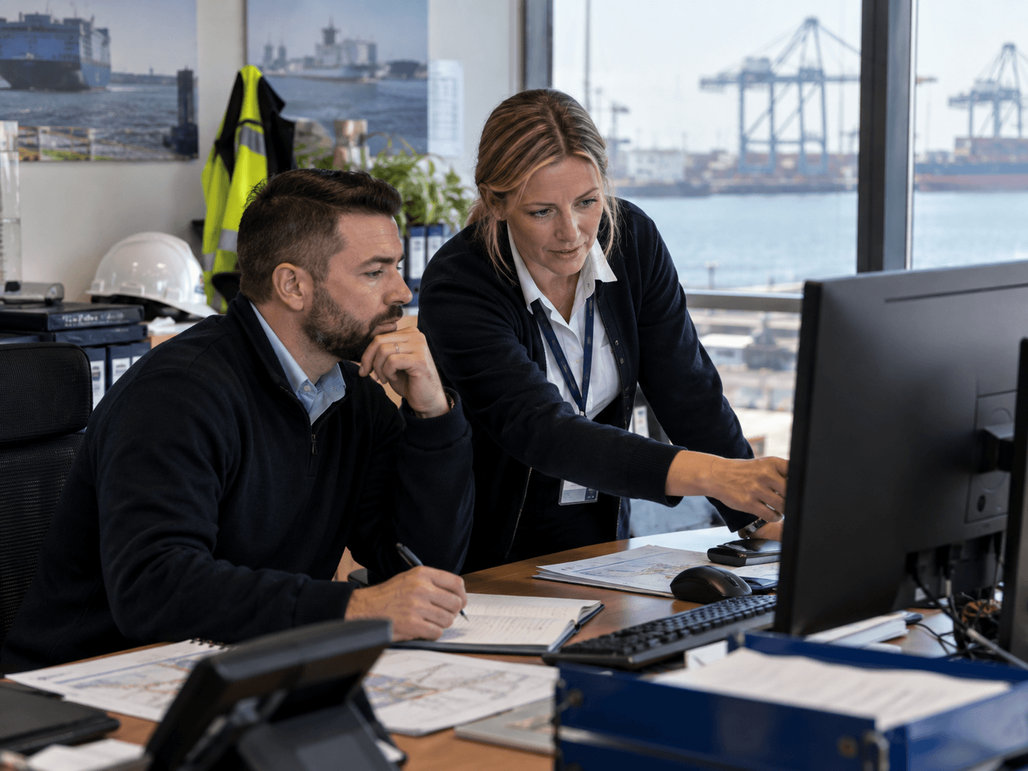 Two colleagues in an office with large windows and a port view work together at a desk, looking at a computer monitor and reviewing port agency spreadsheets. One is seated, the other stands and points at the screen.