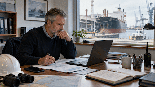 A man sits at a desk with paperwork, a laptop, and headphones, looking thoughtful. A large cargo ship and cranes are visible through the window behind him. The setting appears to be a port office.