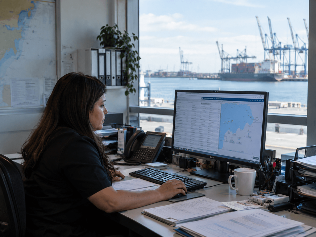 A woman works at a desk with multiple monitors displaying maps and data. There are office supplies, papers, and a coffee mug. Large shipping cranes and cargo ships are visible through the window by the waterfront.
