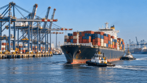 Two tugboats guide a large container ship toward a harbor dock lined with cranes, a maneuver subject to standard towage charges.