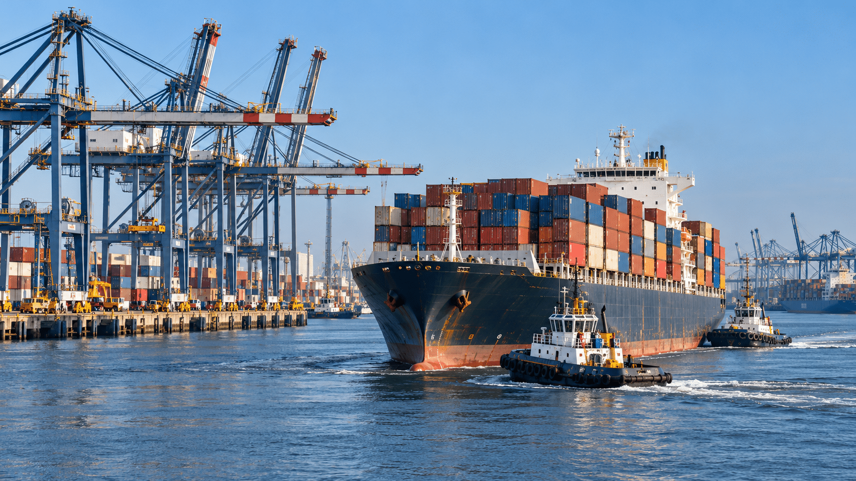 Two tugboats guide a large container ship toward a harbor dock lined with cranes, a maneuver subject to standard towage charges.