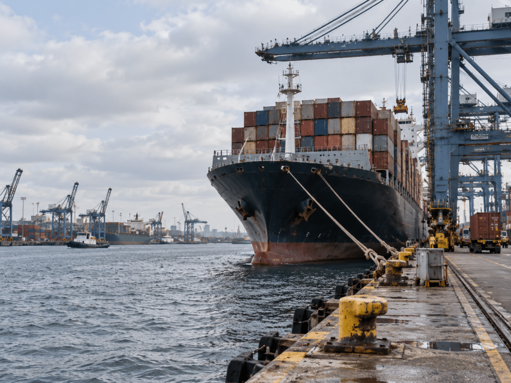 A large COFR container ship docked at a port with cranes and a tugboat in the background.