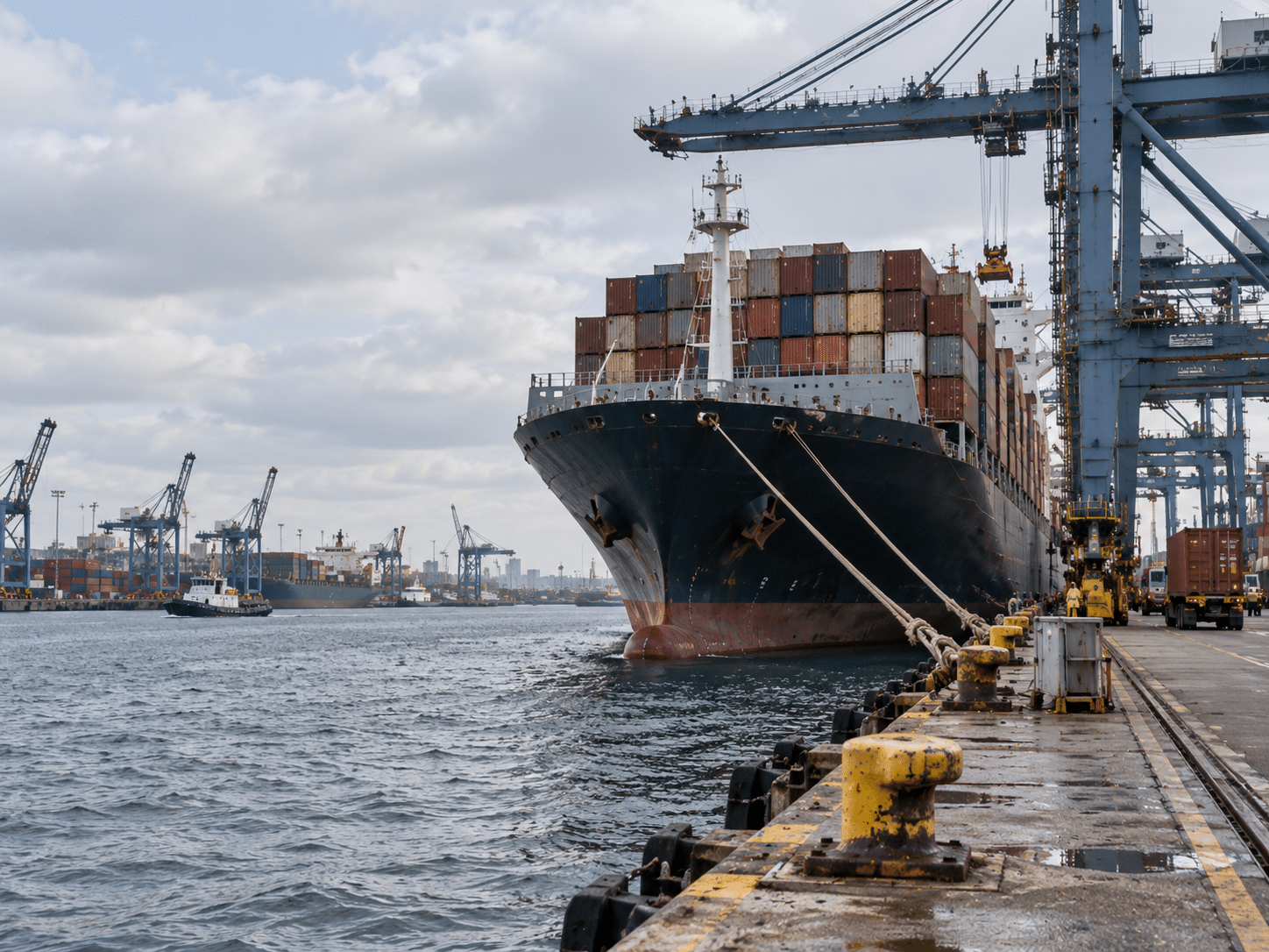 A large COFR container ship docked at a port with cranes and a tugboat in the background.