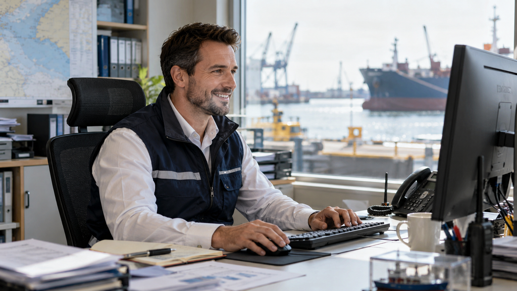 A man in a vest uses maritime ERP software at a desk in an office overlooking a shipping port.