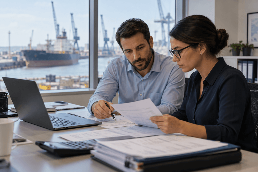 A man and a woman in an office review documents regarding wharfage charges at a desk in front of a window overlooking a shipping port.
