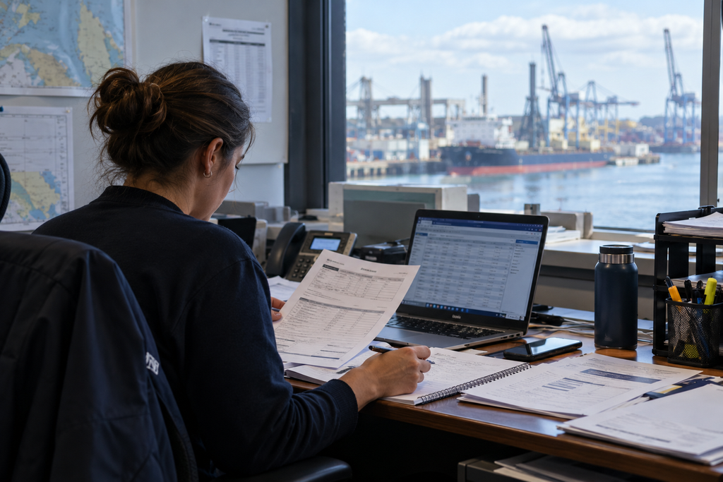 A woman sits at a cofr desk facing a large window overlooking a shipping port, reviewing documents and writing in a notebook beside an open laptop.