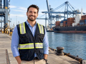 A smiling man in a high-visibility vest stands on a shipping dock with a cargo ship and cranes in the background, illustrating maritime AI in action.