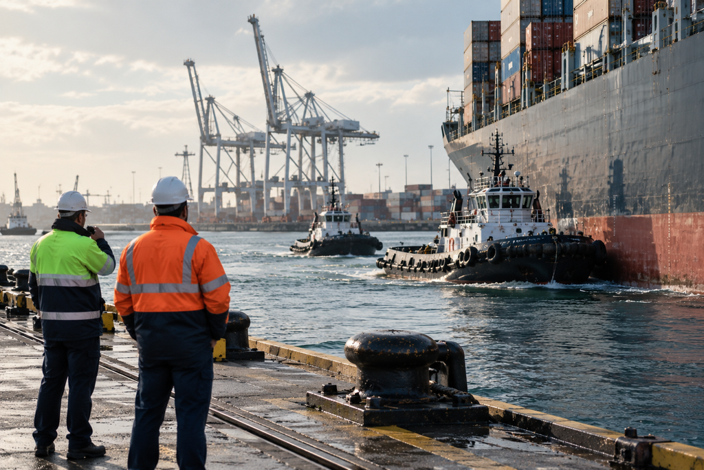 Two workers in high-visibility safety jackets watch from a dock as a tugboat performs towage to maneuver a large cargo ship.