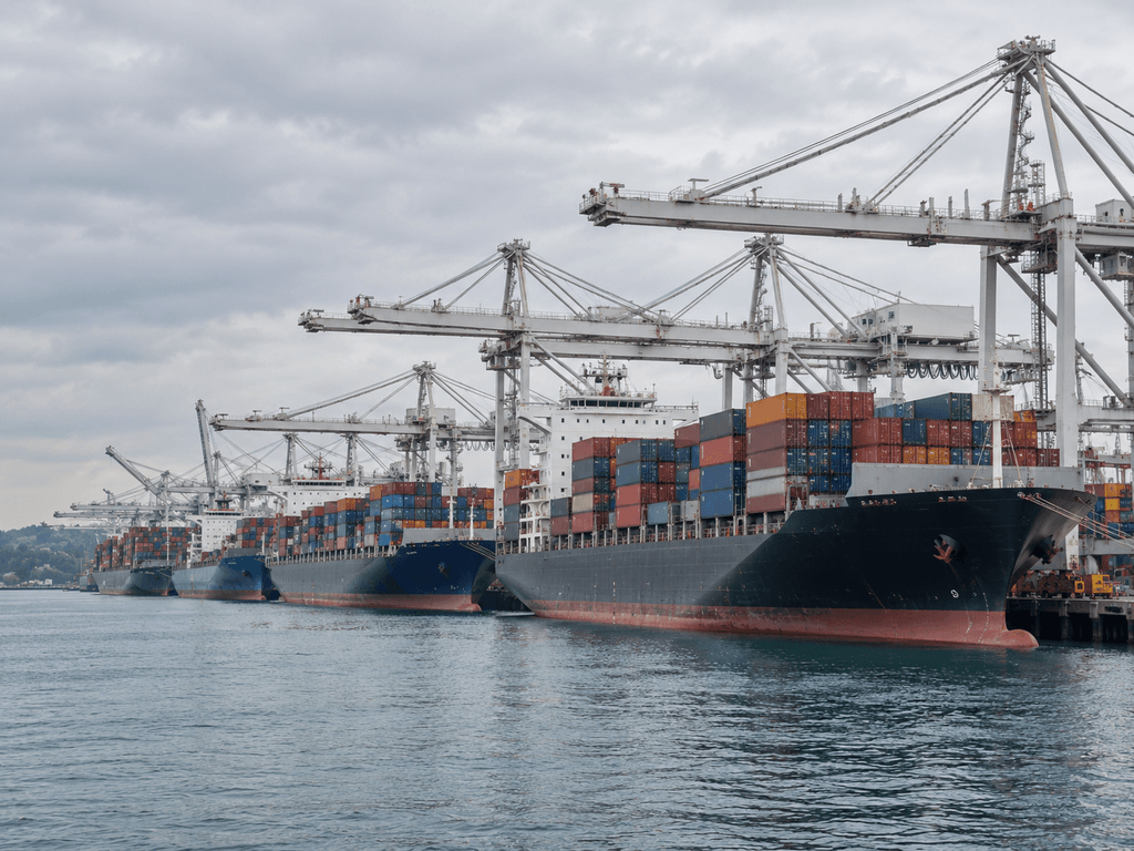 Several large COFR cargo ships loaded with stacked shipping containers docked at a port terminal under large gantry cranes.