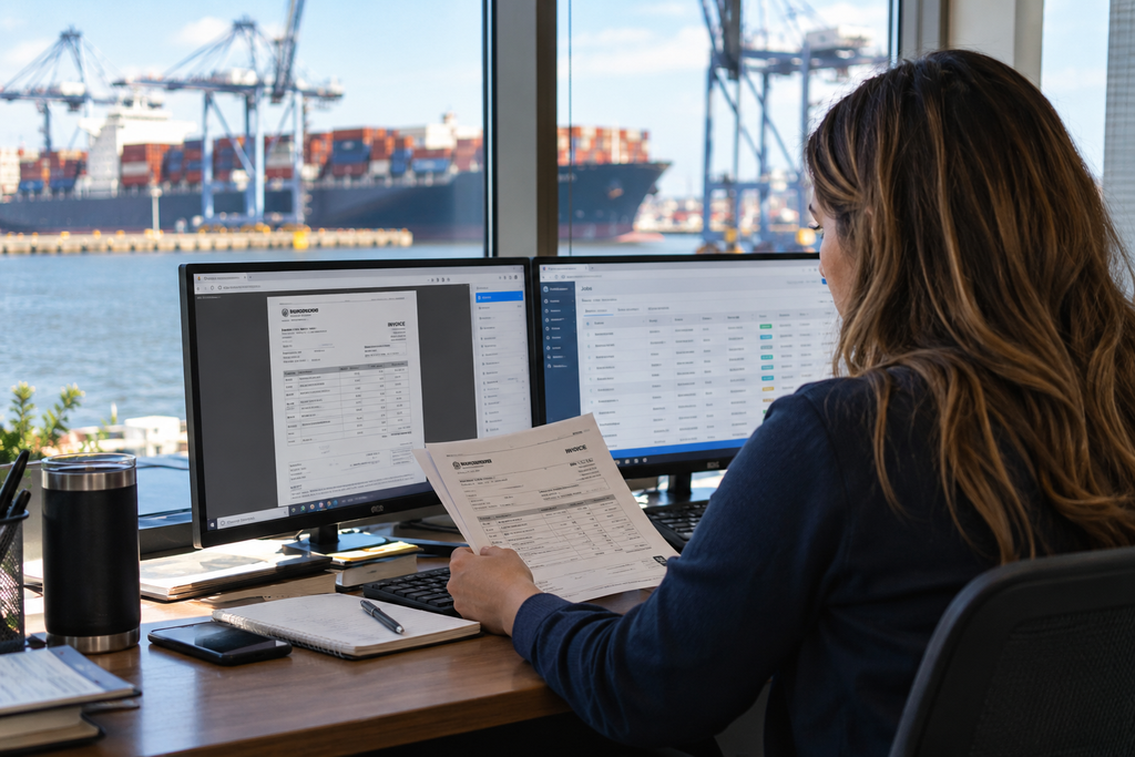 A person sits at a desk with two computer monitors reviewing a physical invoice as a maritime AI interface monitors a cargo ship visible through the window.