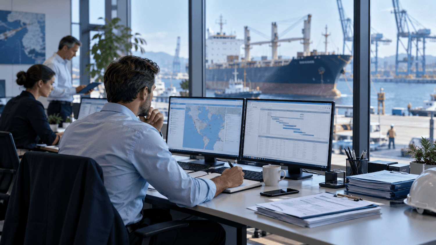 People working at desks in a maritime ERP office overlooking a shipping port with a large cargo ship visible through the windows.