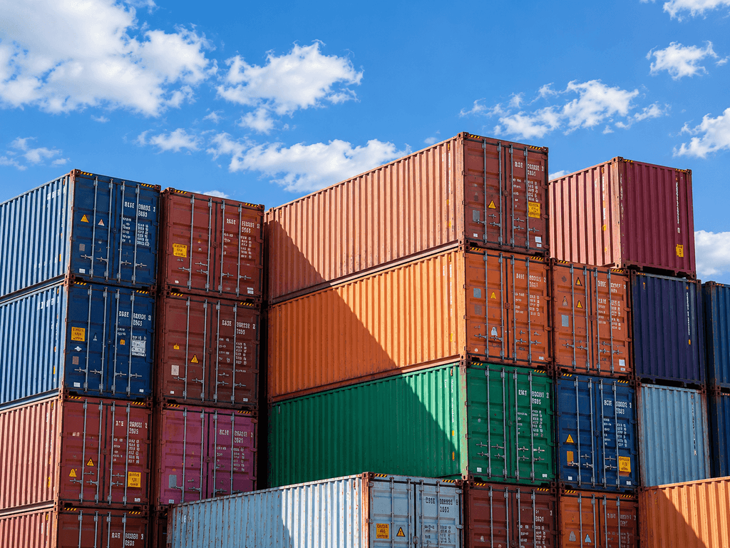 A large stack of colorful shipping COFR containers under a blue sky with scattered clouds.