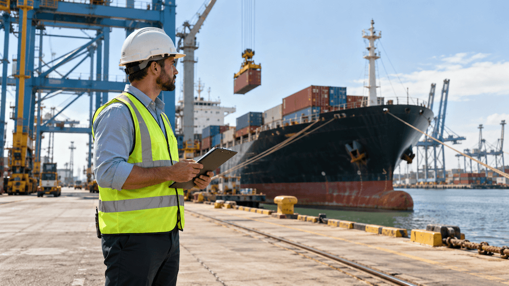A worker in a hard hat and high-visibility vest stands on a shipping dock with a maritime ERP clipboard, looking toward a large container ship being loaded by a crane.