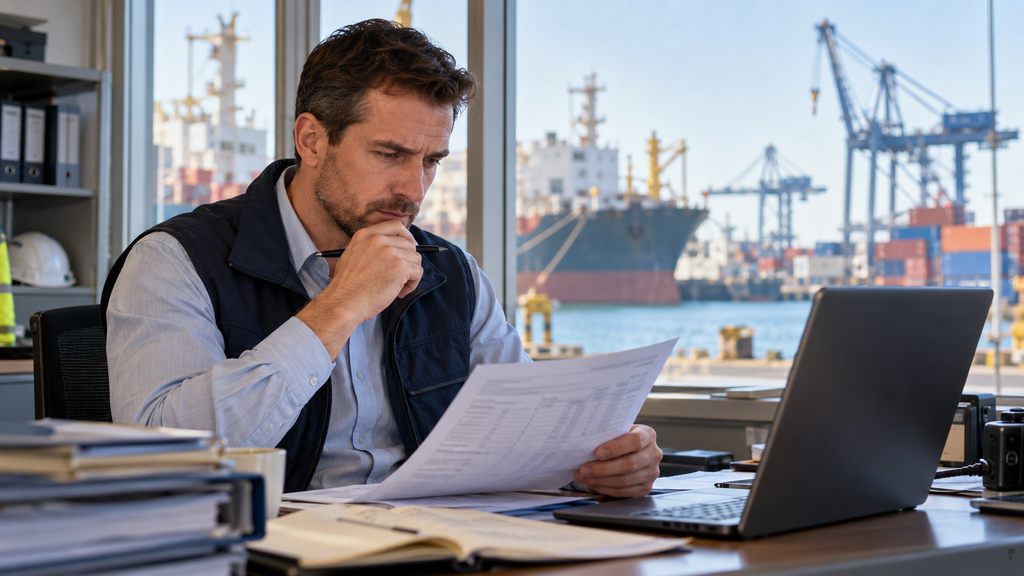 A man at a desk reviews a document and a laptop, using maritime AI to monitor the cargo ships visible through a window overlooking the port.