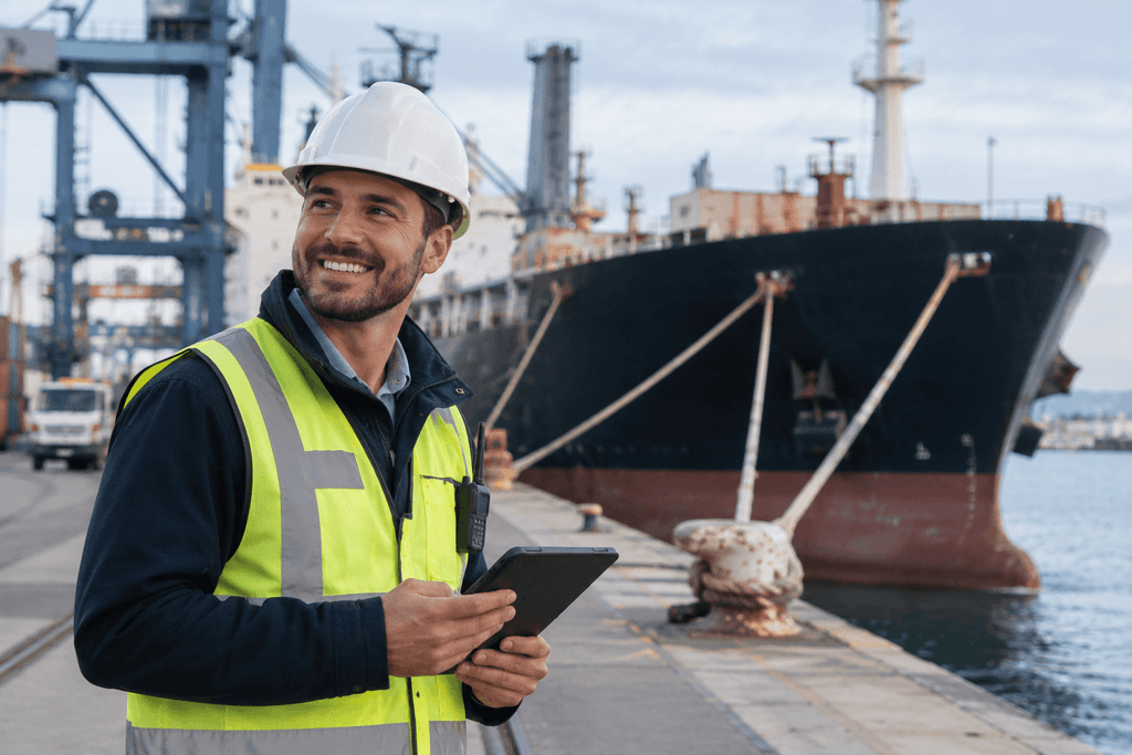 A smiling man in a hard hat and high-visibility safety vest holds a COFR tablet at a shipping port with a large cargo ship in the background.