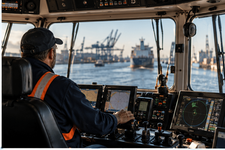A pilot in a high-visibility vest navigates a ship from the bridge, looking out at a harbor with cargo cranes, another vessel, and equipment subject to towage charges.