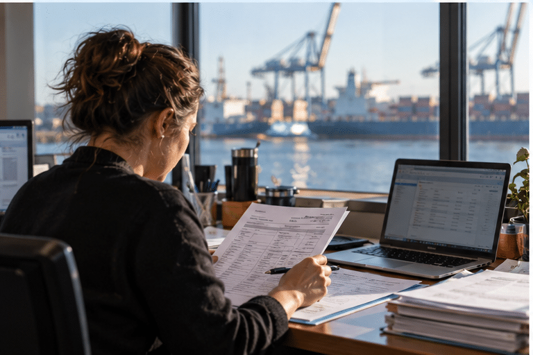 A person sits at a desk reviewing documents and towage charges on a laptop while looking out at a harbor filled with shipping cranes and cargo ships.