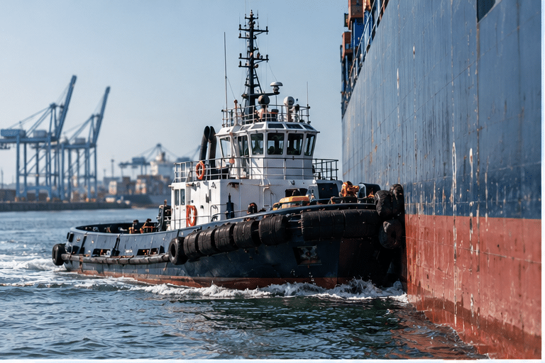 A tugboat performs towage as it pushes against the side of a large cargo ship in a harbor.