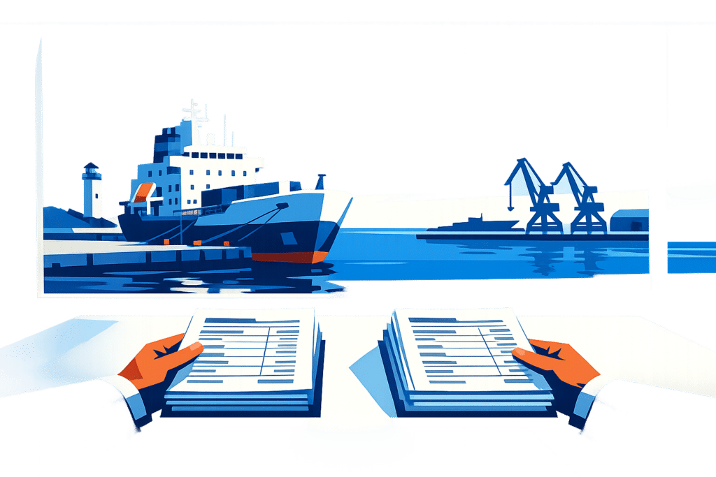 Two stacks of port disbursement accounts compared side by side in front of a harbor with a vessel at berth
