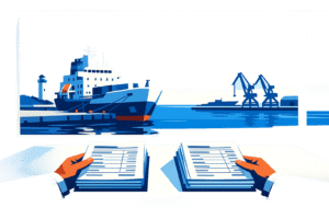 Two stacks of port disbursement accounts compared side by side in front of a harbor with a vessel at berth
