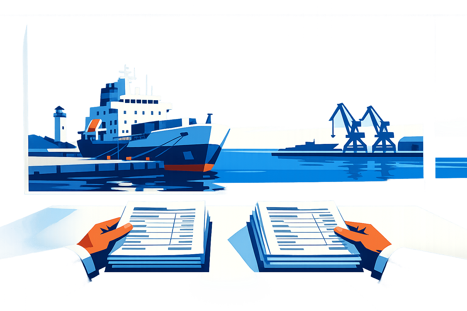 Two stacks of port disbursement accounts compared side by side in front of a harbor with a vessel at berth